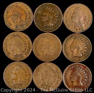 US: (9) Indian Head Penny Coins 1903 1903 1906 1902 1907 1904 1900 1905 1906 