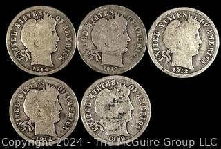 US: (5) Barber 10 Cent Dimes 1899 1910 1912 1914 1914-D