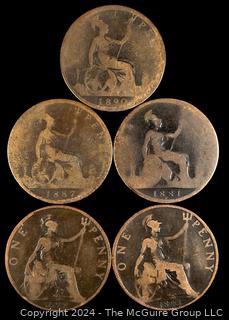 (4) British One Penny Coins 1890 1887 1881 1875 1828