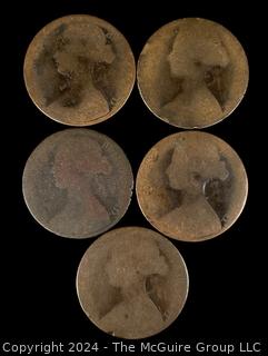 (5) British One Penny Coins 1863 1866 1861 1863 1862 