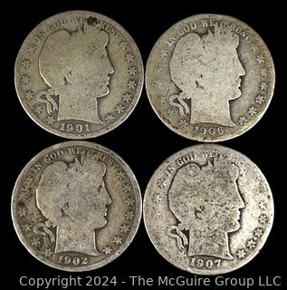 US: (4) Barber Half Dollar Silver Coins 1901 1902 1906 1907 