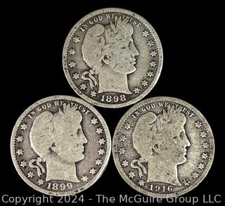 US: (3) Barber Quarters 1898 1899 1916