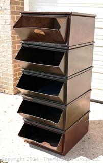 Five (5) Steel Industrial Stacking Hopper Bins by Mohawk Metal Company, Chicago. 19w x 24d x 48" Tall