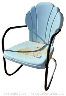 Blue and Black 1940s Iron Clamshell Patio Lawn Chairs.  First of two offered in this auction. 20w x 19d x 32" Tall