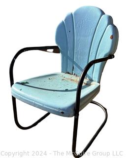 Blue and Black 1940s Iron Clamshell Patio Lawn Chairs.  Second of two offered in this auction. 20w x 19d x 32" Tall