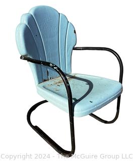 Blue and Black 1940s Iron Clamshell Patio Lawn Chairs.  Second of two offered in this auction. 20w x 19d x 32" Tall