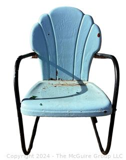 Blue and Black 1940s Iron Clamshell Patio Lawn Chairs.  Second of two offered in this auction. 20w x 19d x 32" Tall