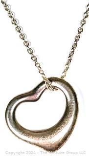 Sterling Silver Tiffany Floating Open Heart Pendant Signed Elsa Peretti on Chain with Felt Bag.