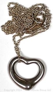 Sterling Silver Tiffany Floating Open Heart Pendant Signed Elsa Peretti on Chain with Felt Bag.