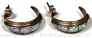 Pair of Opal Inlay Sterling Silver Half Hoops Signed by Dennis Ramone DR Navajo Artist.