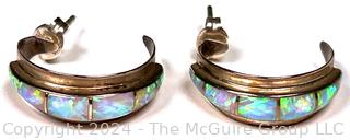 Pair of Opal Inlay Sterling Silver Half Hoops Signed by Dennis Ramone DR Navajo Artist.