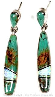 Pair of Multi-Inlay Turquoise, Onyx, and Opal Sterling Silver Signed by Native American Navajo Artist Sheryl Martinez 