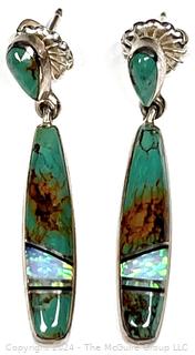 Pair of Multi-Inlay Turquoise, Onyx, and Opal Sterling Silver Signed by Native American Navajo Artist Sheryl Martinez 