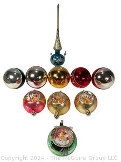 Hand Painted Mercury Glass Christmas Ornaments with Indents and Tree Topper.