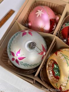 Hand Painted Mercury Glass Christmas Ornaments with Indents Santa Land Made in Poland with Original Boxes.