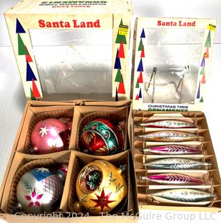 Hand Painted Mercury Glass Christmas Ornaments with Indents Santa Land Made in Poland with Original Boxes.