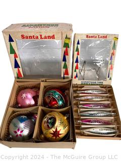 Hand Painted Mercury Glass Christmas Ornaments with Indents Santa Land Made in Poland with Original Boxes.