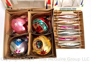 Hand Painted Mercury Glass Christmas Ornaments with Indents Santa Land Made in Poland with Original Boxes.