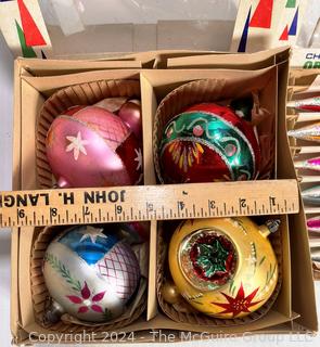 Hand Painted Mercury Glass Christmas Ornaments with Indents Santa Land Made in Poland with Original Boxes.