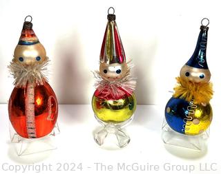 Three (3) Hand Painted Blown Glass Clown Christmas Ornaments.