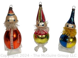 Three (3) Hand Painted Blown Glass Clown Christmas Ornaments.