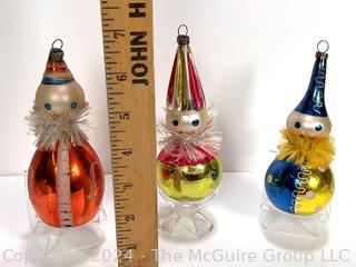 Three (3) Hand Painted Blown Glass Clown Christmas Ornaments.