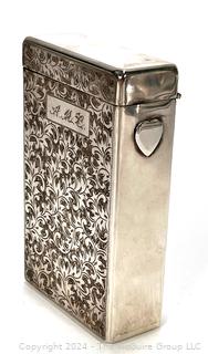 Etched Sterling Silver Cigarette Case with Hinged Lid. 86 grams