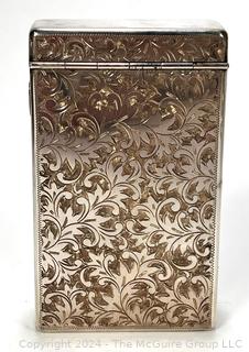 Etched Sterling Silver Cigarette Case with Hinged Lid. 86 grams