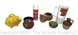 Mixed Grouping: Vintage Thermos; Handmade Yellow Pottery Pig Bank with Several Lidded Bowls: Metal, Ceramic, Wood