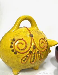 Mixed Grouping: Vintage Thermos; Handmade Yellow Pottery Pig Bank with Several Lidded Bowls: Metal, Ceramic, Wood