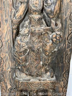 East Asian Wood Carved Relief Wall Panel of Hindu Gods with Export Tag. 12 x 46"