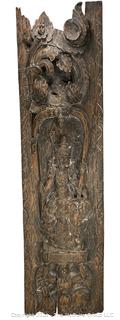 East Asian Wood Carved Relief Wall Panel of Hindu Gods with Export Tag. 12 x 46"