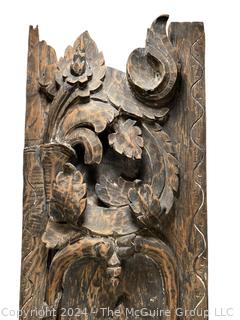 East Asian Wood Carved Relief Wall Panel of Hindu Gods with Export Tag. 12 x 46"