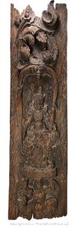 East Asian Wood Carved Relief Wall Panel of Hindu Gods with Export Tag. 12 x 46"