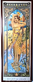 Framed Under Glass Art Nouveau Print by Alphonse Mucha 1899. First in a series of four offered in this auction.  15.5" x 44"