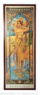 Framed Under Glass Art Nouveau Print by Alphonse Mucha 1899. First in a series of four offered in this auction.  15.5" x 44"