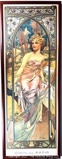 Framed Under Glass Art Nouveau Print by Alphonse Mucha 1899. Second in a series of four offered in this auction.  15.5" x 44"