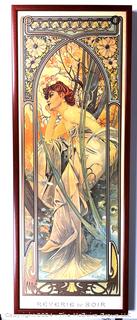 Framed Under Glass Art Nouveau Print by Alphonse Mucha 1899. Third in a series of four offered in this auction.  15.5" x 44"