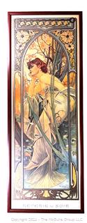 Framed Under Glass Art Nouveau Print by Alphonse Mucha 1899. Third in a series of four offered in this auction.  15.5" x 44"