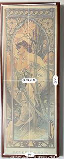 Framed Under Glass Art Nouveau Print by Alphonse Mucha 1899. Third in a series of four offered in this auction.  15.5" x 44"