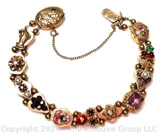 Antique 14k Yellow Gold Slider Charm Bracelet with Gemstones.  First of three offered in this auction.  