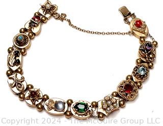 Antique 14k Yellow Gold Slider Charm Bracelet with Gemstones.  Second of three offered in this auction. 