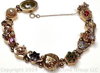 Antique 14k Yellow Gold Slider Charm Bracelet with Gemstones.  Third of three offered in this auction. 