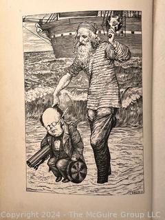 "The Hunting of the Snark: An Agony in Eight Fits" by Lewis Carroll. 

London: MacMillan and Co., 1876. xi,(3),83 pp. 12 mo. Dark Red Front and Rear Boards with Gilt Pictorial Illustrations by Henry Holiday. All edges gilt. Original black endpapers. Printed in London by R. Clay Sons & Taylor. Half title. One old ownership signature. Original plate tissue on Title Page. Last unnumbered leaf contains advertisements for Carrol's other works. A First Edition, this Issue Contains "Baker" for "Butcher" on p83. A fantastical poem involving a strange crew of tradesmen and a beaver as they set off on a journey to find "the Snark". 

1876 First Edition, 17th Printing of 1,000 {Description Updated 9/19/24 at 4:27pm ET}