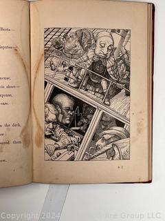 "The Hunting of the Snark: An Agony in Eight Fits" by Lewis Carroll. 

London: MacMillan and Co., 1876. xi,(3),83 pp. 12 mo. Dark Red Front and Rear Boards with Gilt Pictorial Illustrations by Henry Holiday. All edges gilt. Original black endpapers. Printed in London by R. Clay Sons & Taylor. Half title. One old ownership signature. Original plate tissue on Title Page. Last unnumbered leaf contains advertisements for Carrol's other works. A First Edition, this Issue Contains "Baker" for "Butcher" on p83. A fantastical poem involving a strange crew of tradesmen and a beaver as they set off on a journey to find "the Snark". 

1876 First Edition, 17th Printing of 1,000 {Description Updated 9/19/24 at 4:27pm ET}