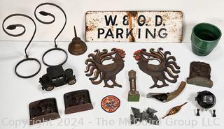 Group Including Rusted W & OD Parking Sign, Cast Iron Roosters, Metal Bookends and Thermometer 