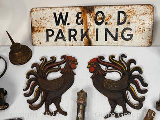 Group Including Rusted W & OD Parking Sign, Cast Iron Roosters, Metal Bookends and Thermometer 