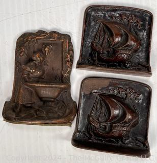 Group Including Rusted W & OD Parking Sign, Cast Iron Roosters, Metal Bookends and Thermometer 