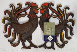 Group Including Rusted W & OD Parking Sign, Cast Iron Roosters, Metal Bookends and Thermometer 