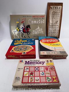 Vintage Games & Toys Including Camelot Battle Game of Knights and Men 1961 Parker Brothers Board Game,1952 Stadium Checkers Family Marbles Board Game Schaper, Jeopardy Board Game 1964, Bingo and Milton Bradley The Original Memory Card Matching Game 1980